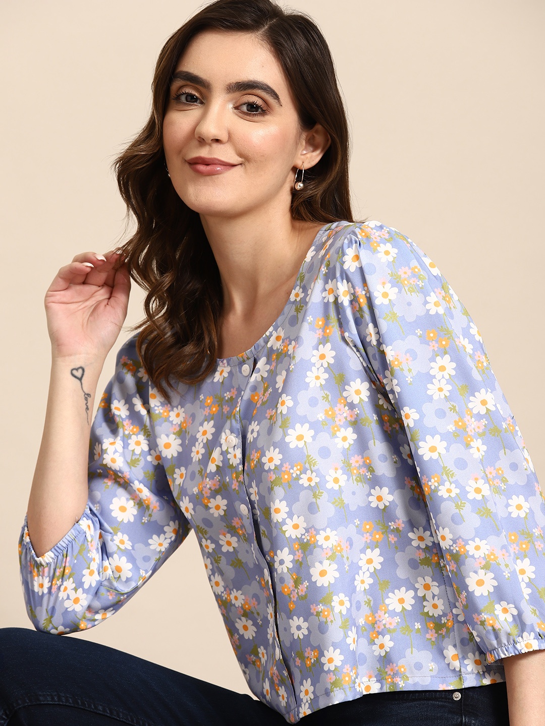 

all about you Floral Print Puff Sleeves Crepe Top, Blue