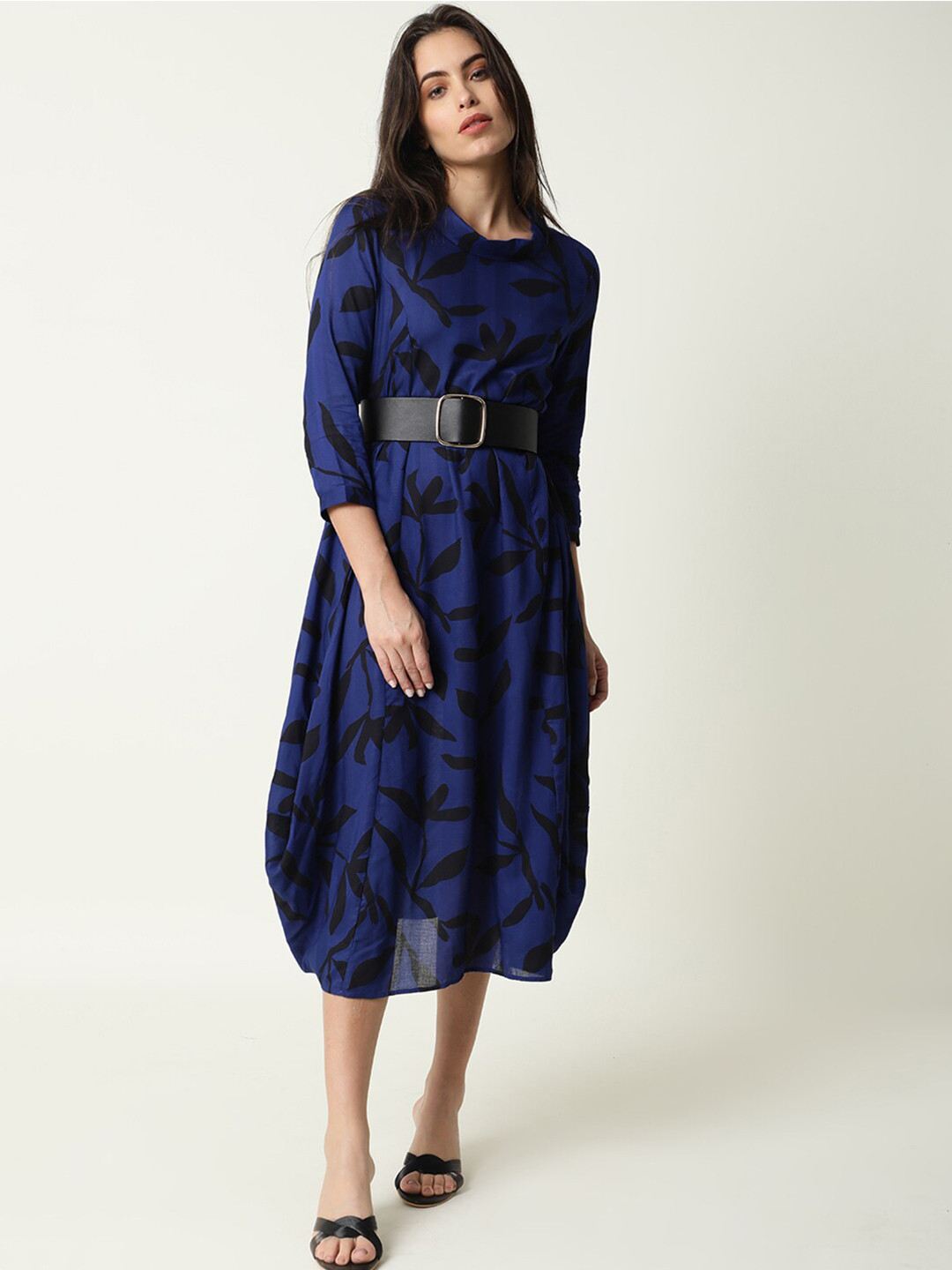 

RAREISM Floral Printed Cotton A-Line Midi Dress With Belt, Blue