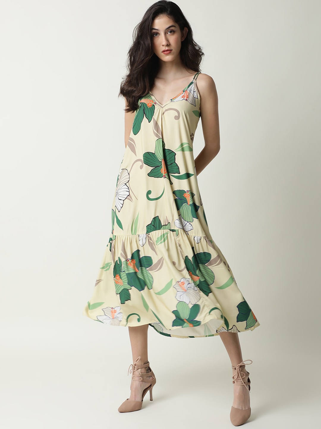 

RAREISM Floral Printed Shoulder Straps A-Line Midi Dress, Off white
