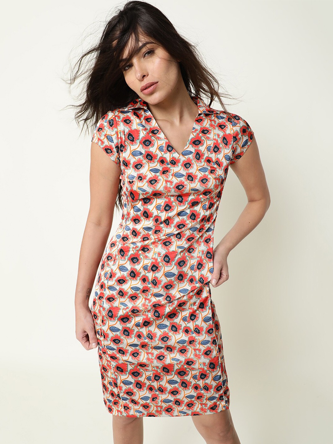 

RAREISM Floral Printed V-Neck Sheath Dress, Beige