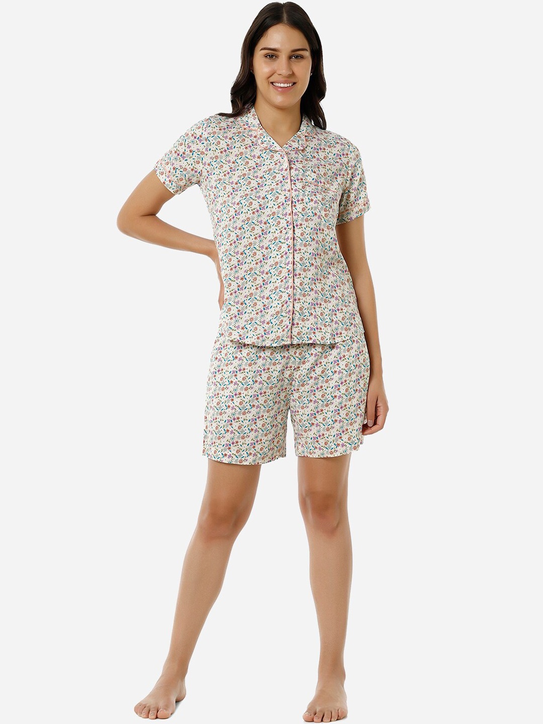 Amante Floral Printed Night Suit, White