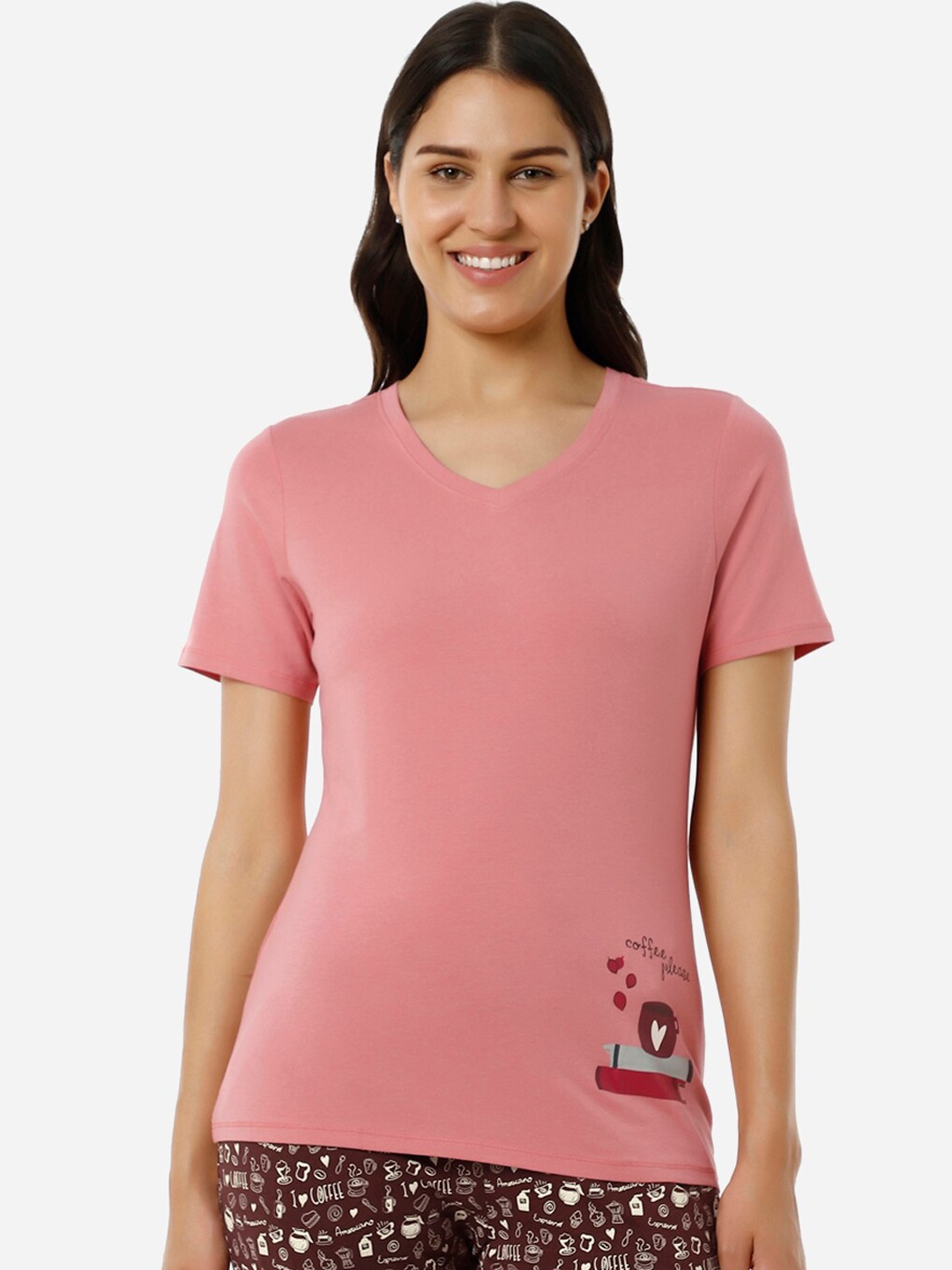 

Amante Printed Detail V-Neck Relaxed Fit Lounge T-shirt, Mauve