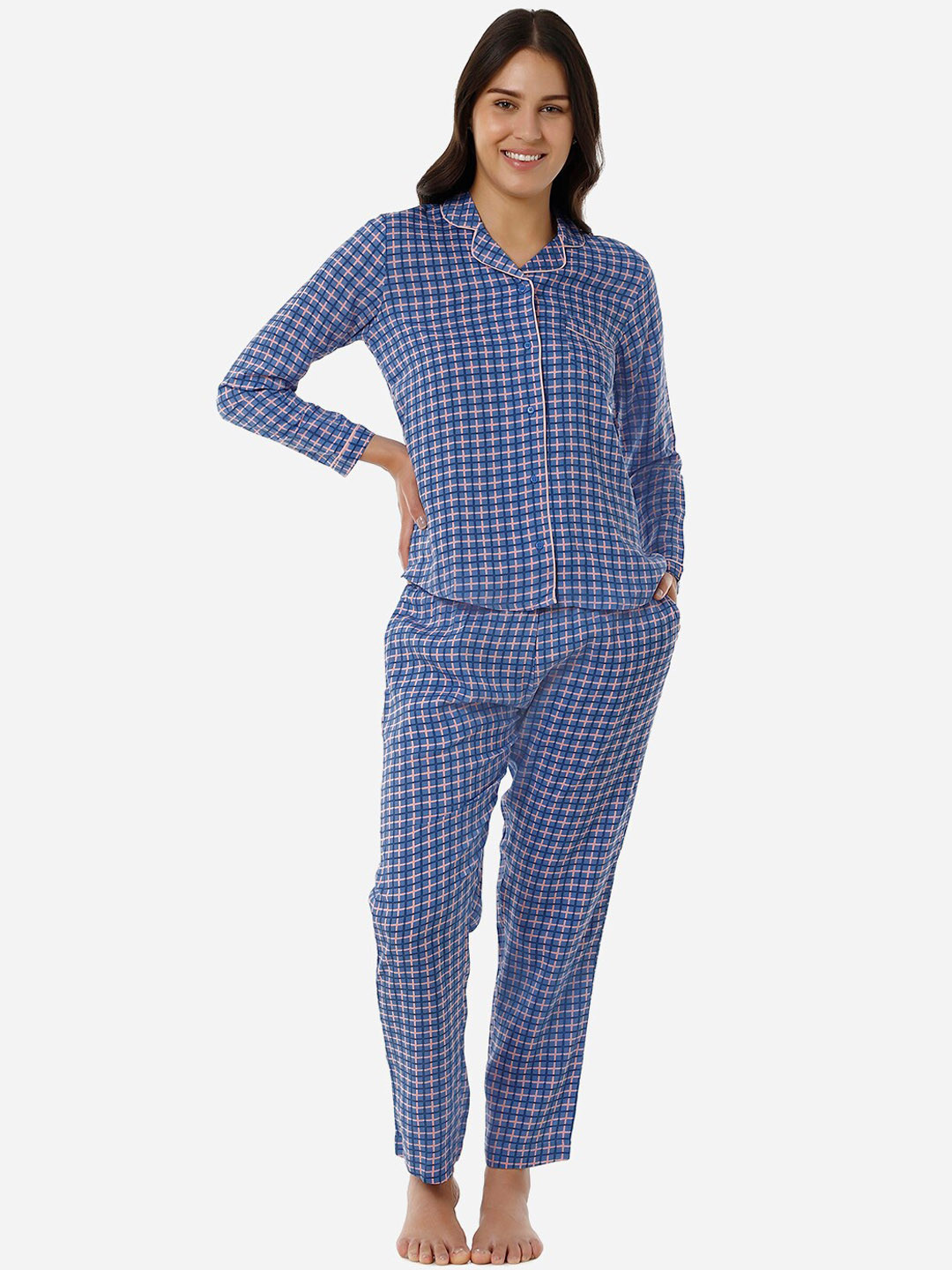 

Amante Checked Night Suit, Blue