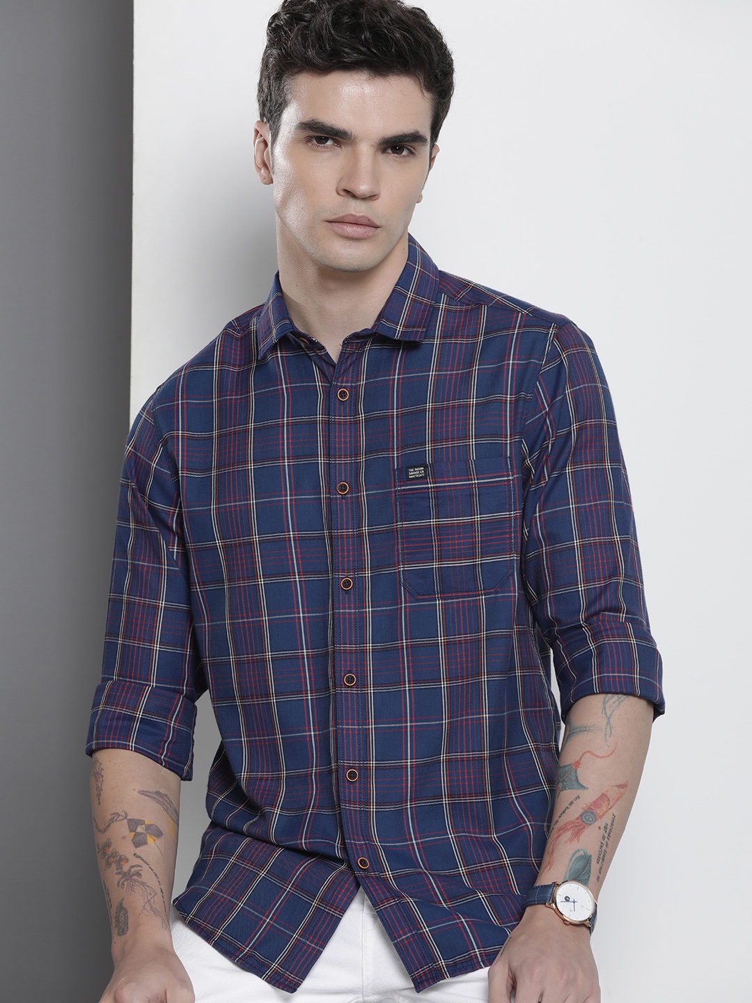 

The Indian Garage Co Men Slim Fit Opaque Checked Casual Shirt, Navy blue