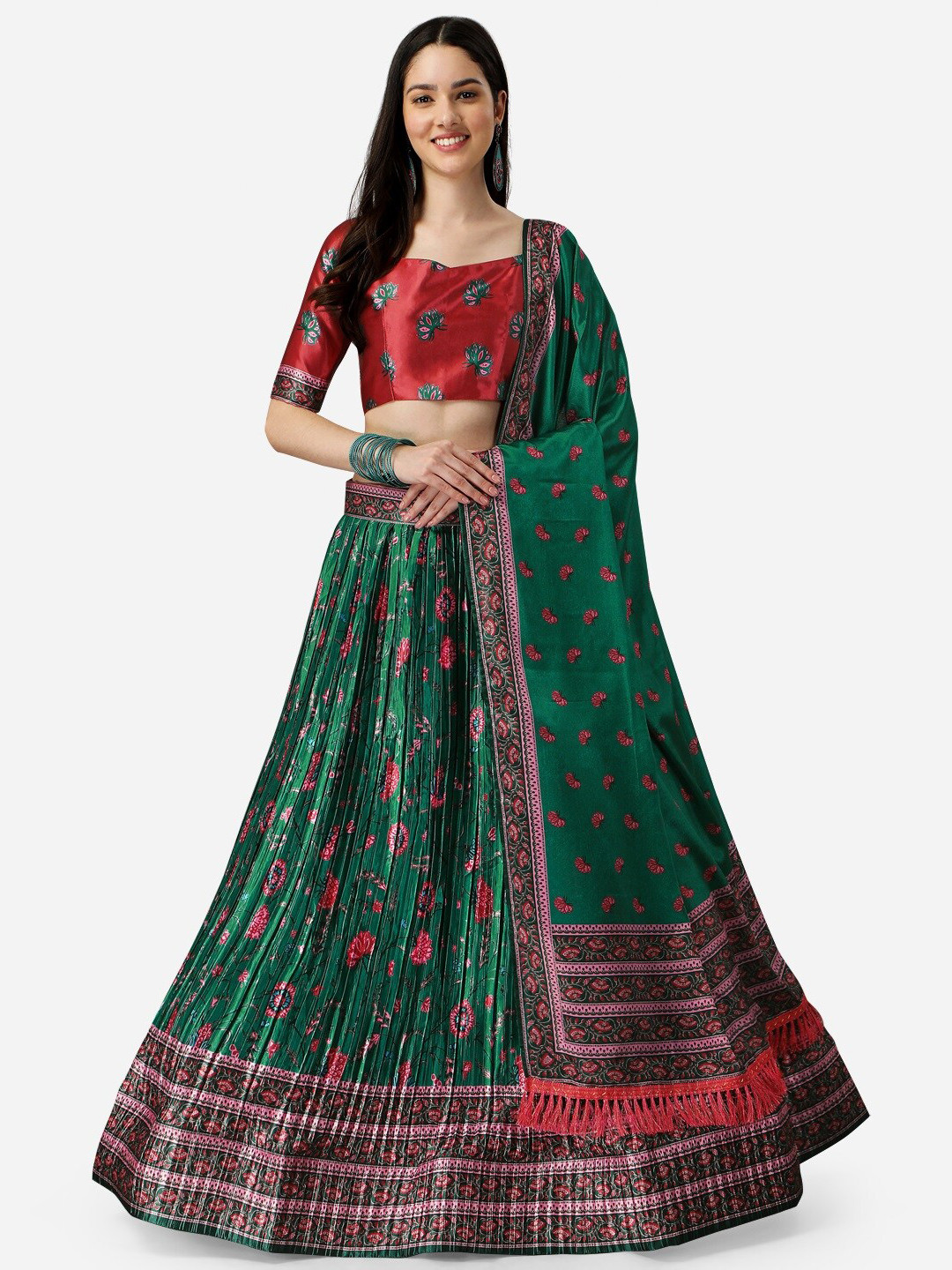 

Fashion Basket Printed Semi-Stitched Lehenga & Unstitched Blouse With Dupatta, Green