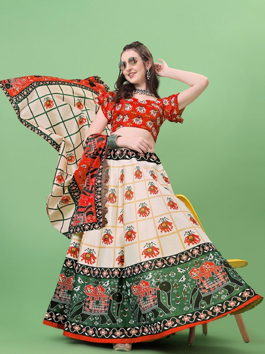 

Fashion Basket Printed Semi-Stitched Lehenga & Unstitched Blouse With Dupatta, Red