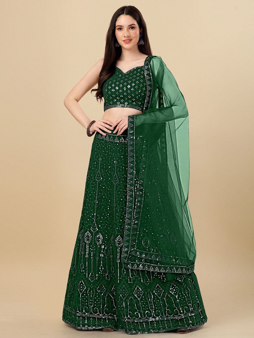 

Fashion Basket Embellished Semi-Stitched Lehenga & Unstitched Blouse With Dupatta, Green