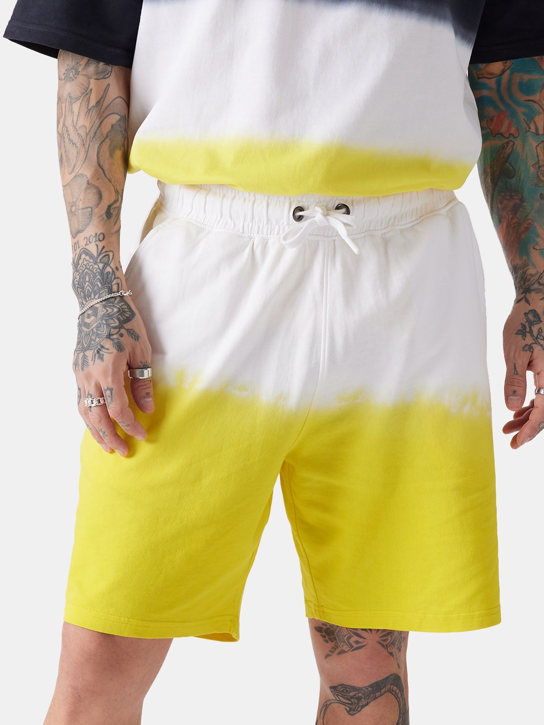 

The Souled Store Men White And Yellow Tie & Dyed Pure Cotton Shorts