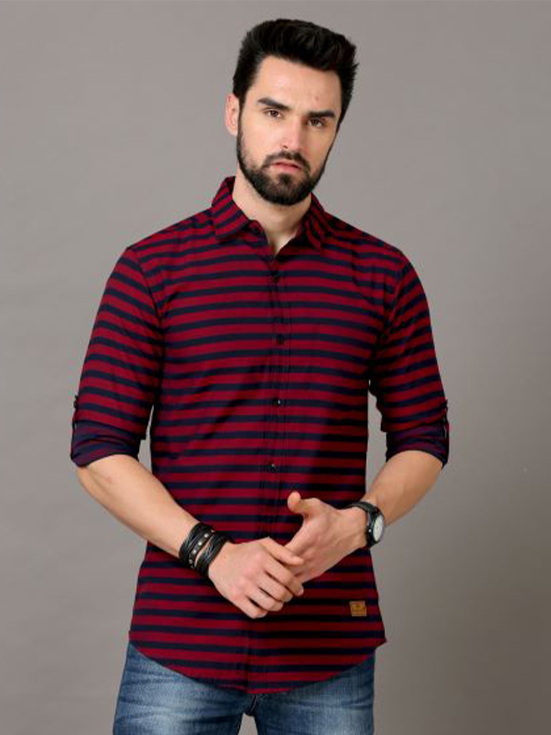 

Tallwalker Straight Horizontal Striped Spread Collar Cotton Casual Shirt, Red