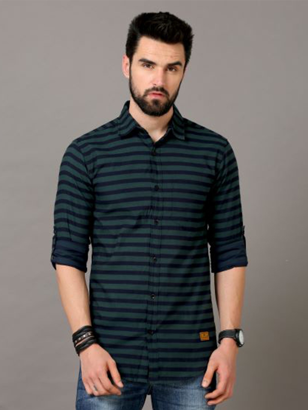 

Tallwalker Straight Horizontal Striped Spread Collar Cotton Casual Shirt, Green