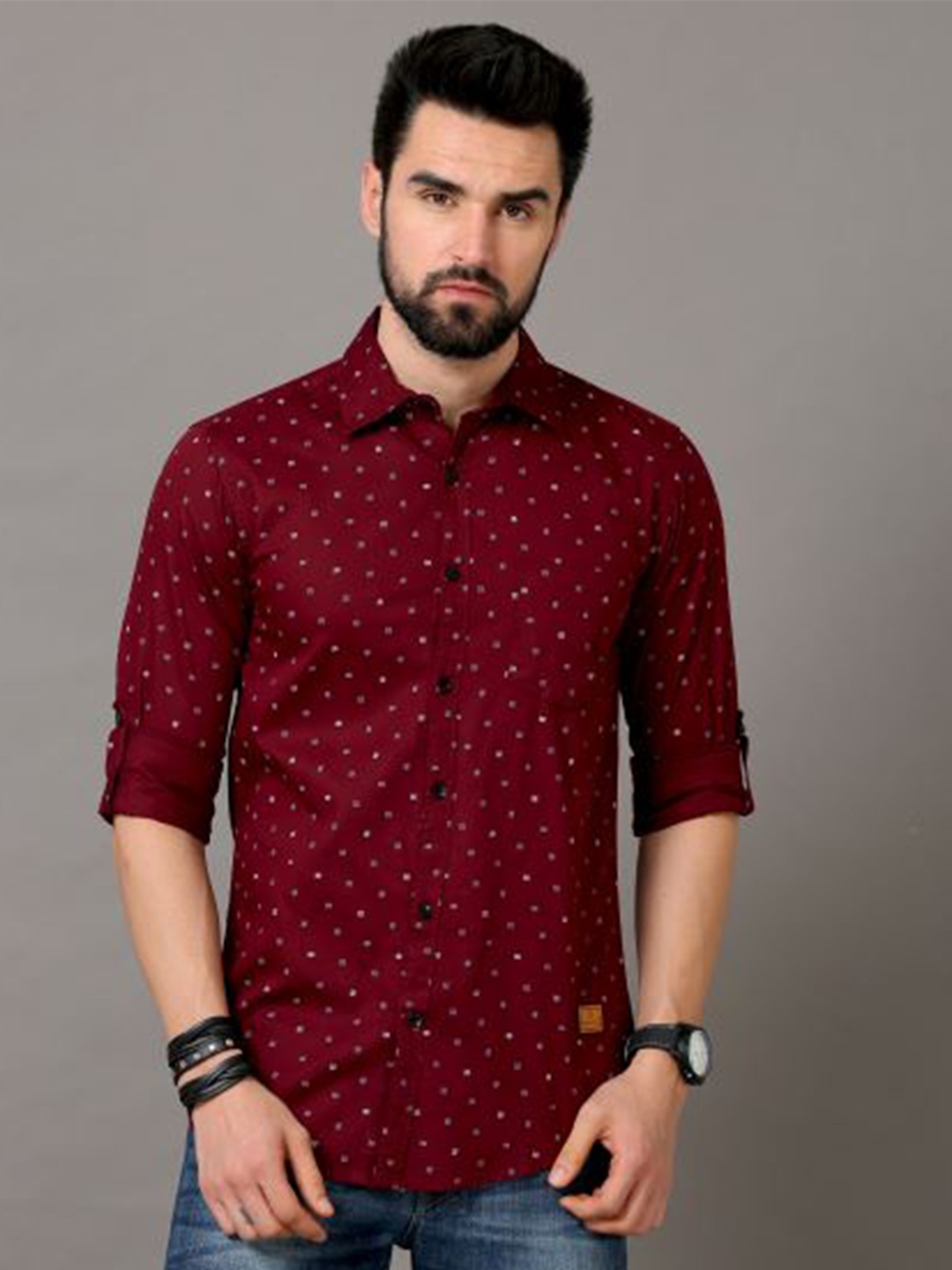 

Tallwalker Conversational Printed Straight Spread Collar Cotton Casual Shirt, Maroon