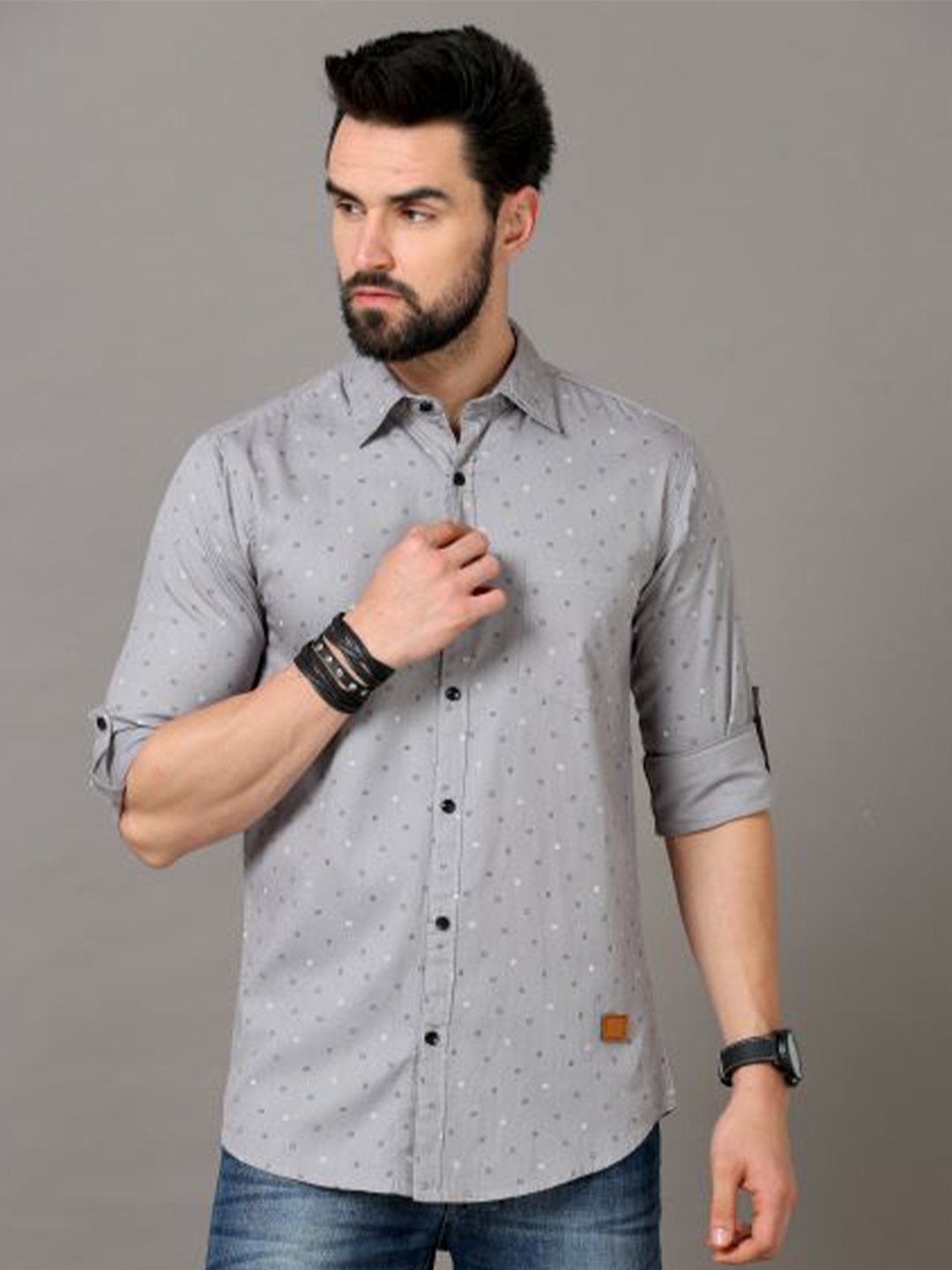 

Tallwalker Straight Micro ditsy Printed Cotton Slim Fit Casual Shirt, Grey