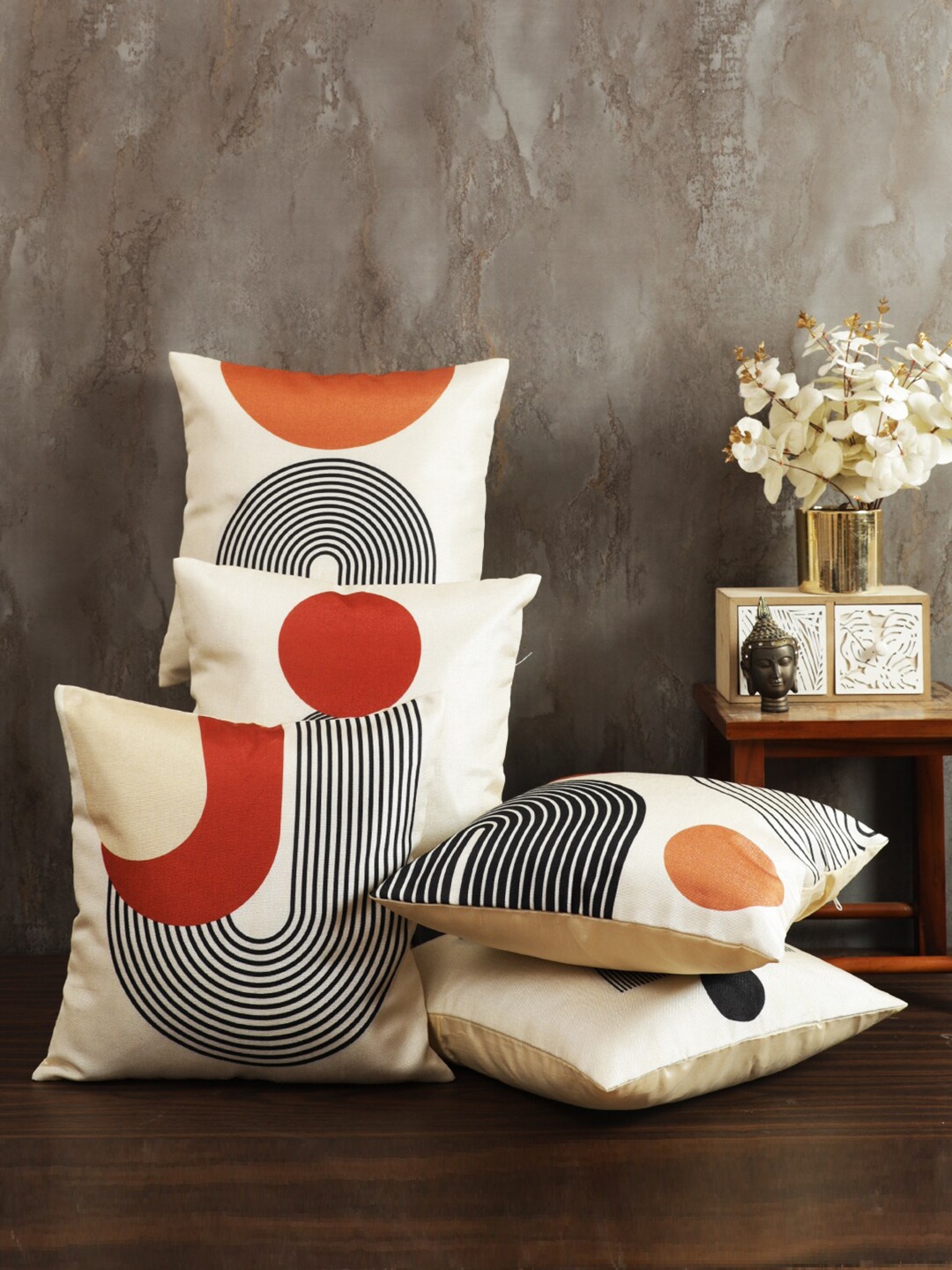 

ROMEE Beige & Black 5 Pieces Geometric Jute Cotton Square Cushion Covers