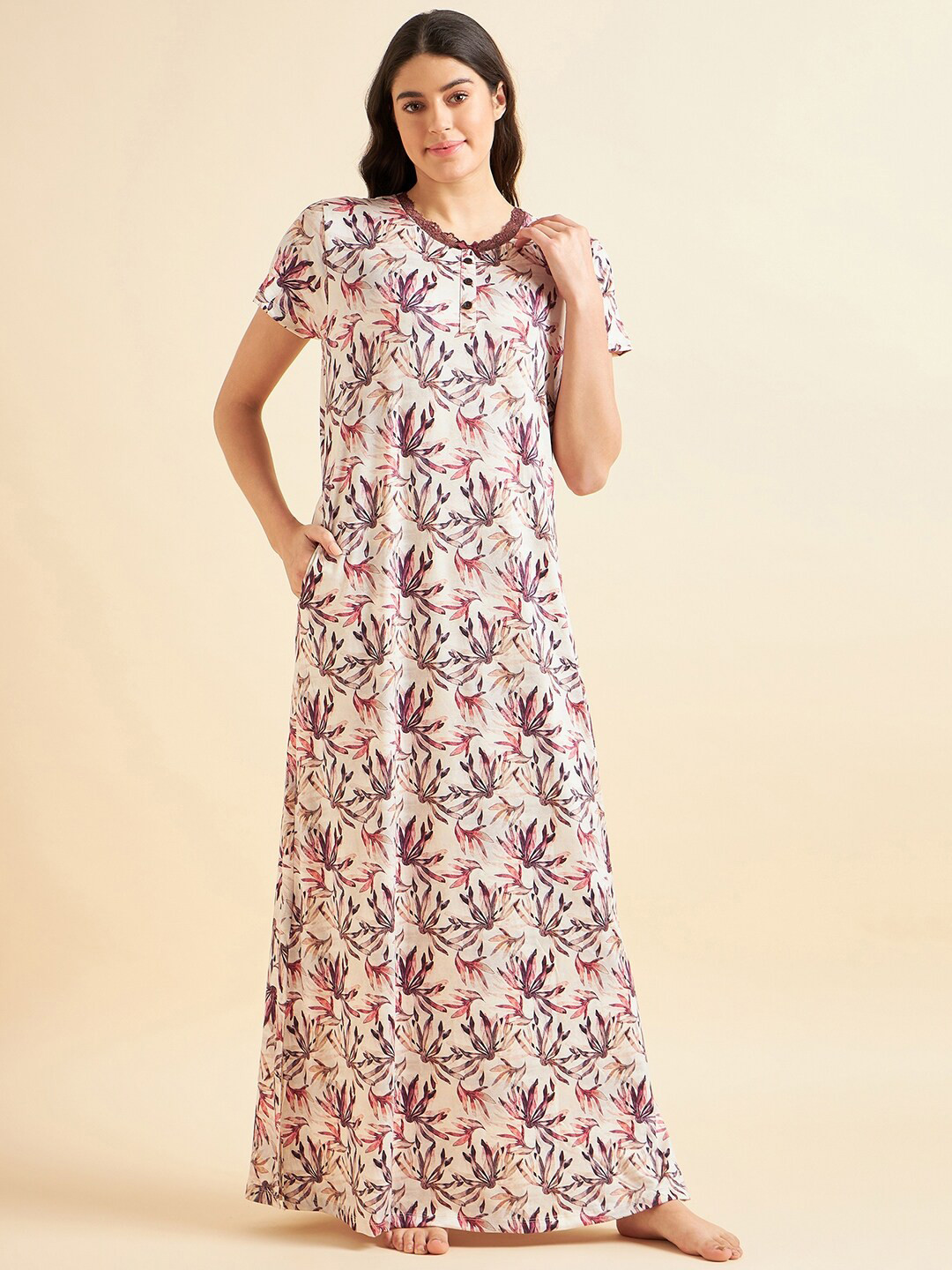 

Sweet Dreams Beige Floral Printed Maxi Nightdress