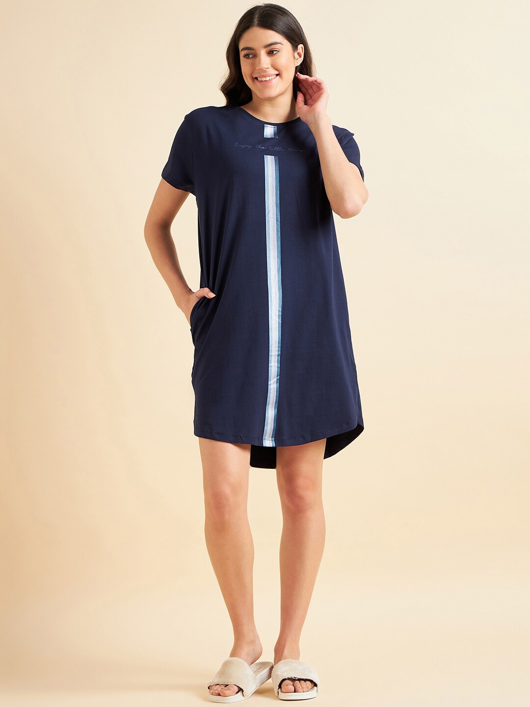 

Sweet Dreams Navy Blue Striped Pure Cotton T-shirt Nightdress