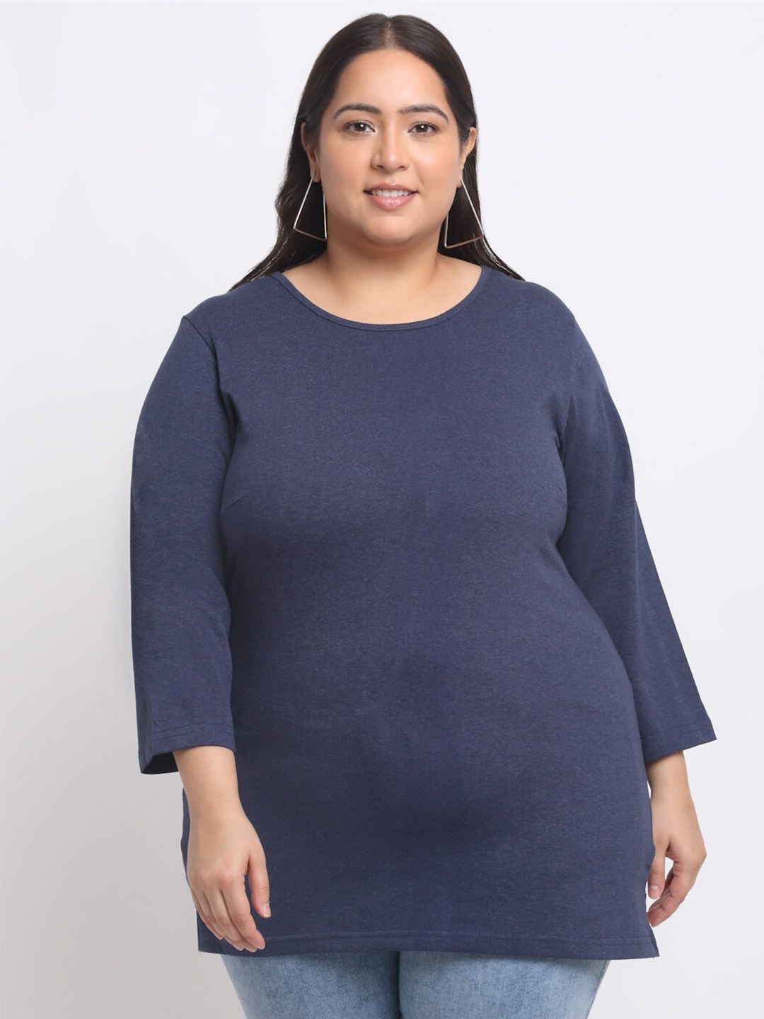 

plusS Plus Size Navy Blue Full Sleeve Longline Cotton T-shirt