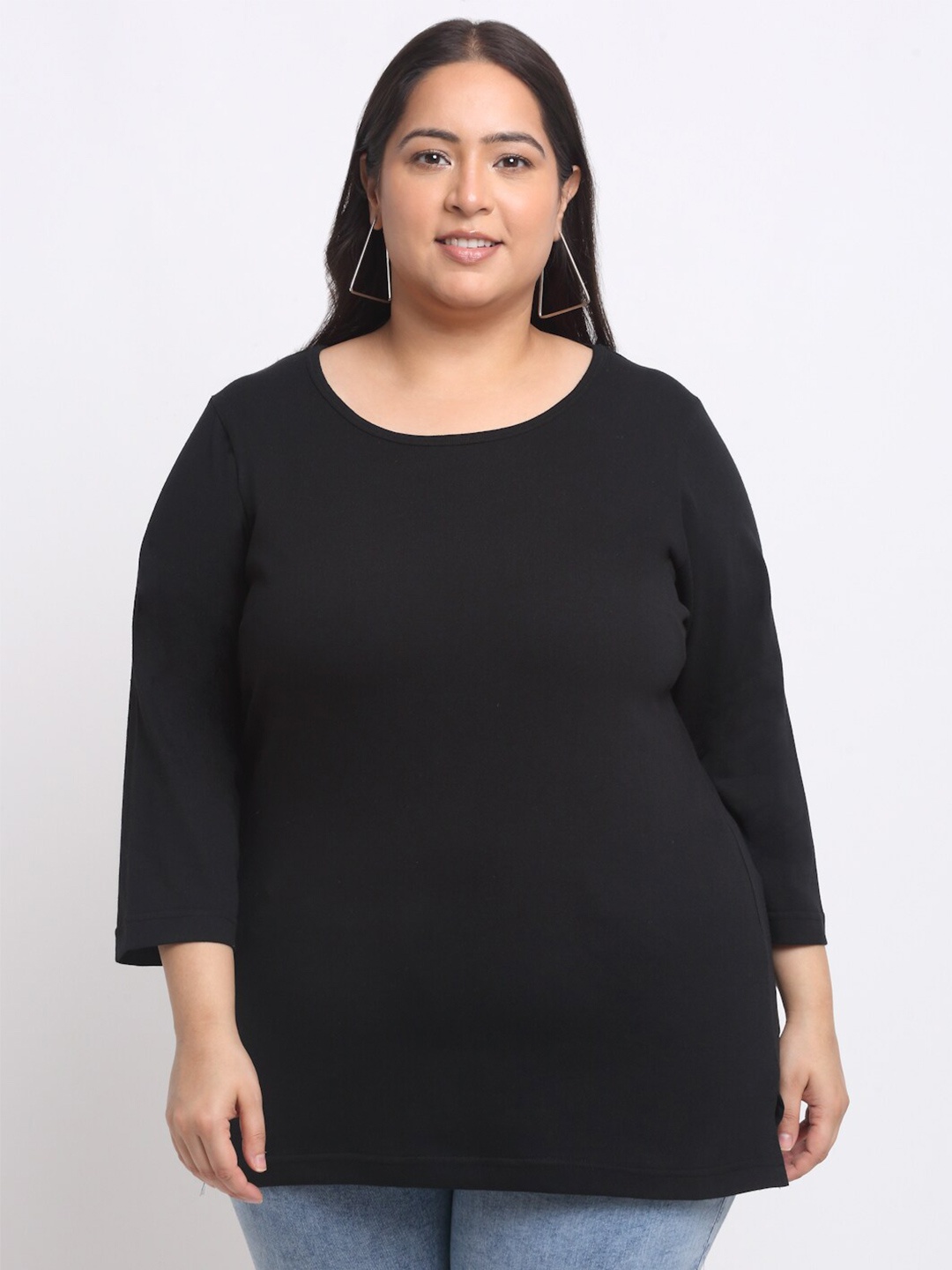 

plusS Plus Size Black Full Sleeve Longline Cotton T-shirt