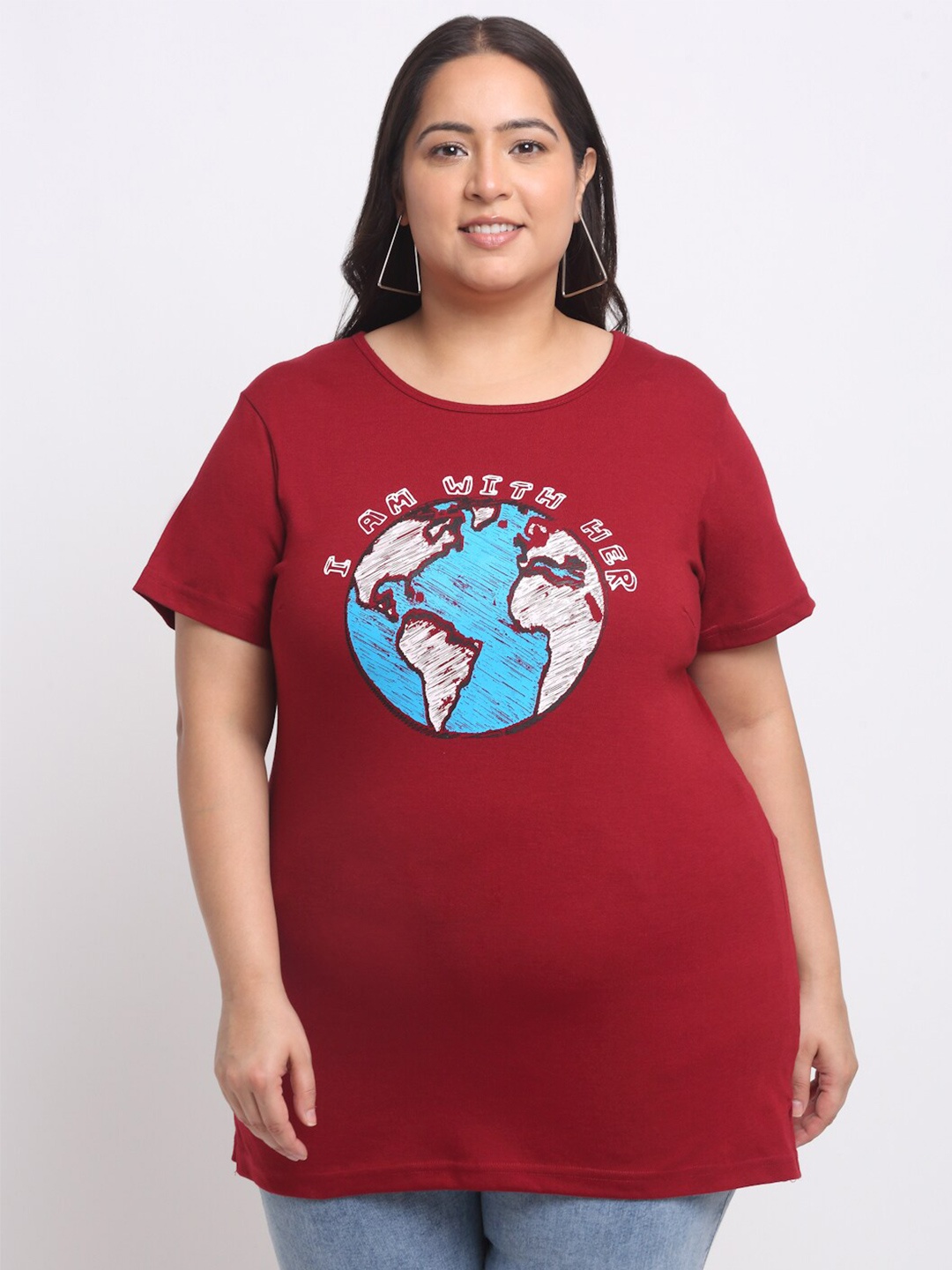 

plusS Plus Size Maroon Graphic Print Longline Cotton T-shirt