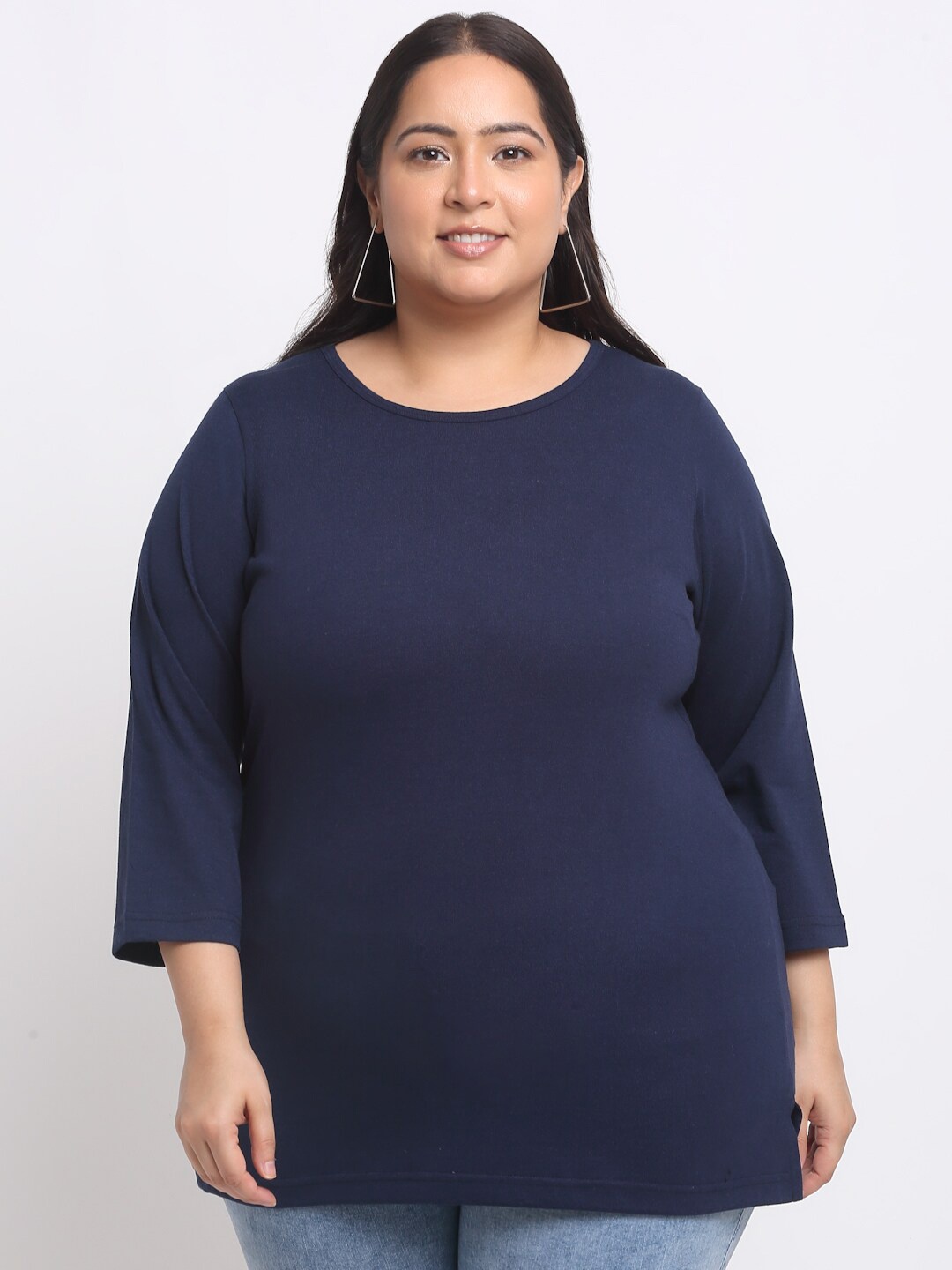 

plusS Plus Size Navy Blue Full Sleeve Longline Cotton T-shirt