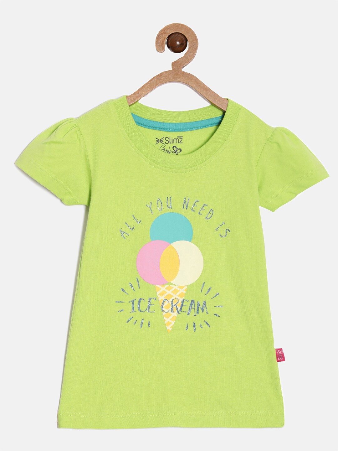 

DIXCY SCOTT Slimz Girls Typography Printed Puff Sleeves Cotton Top, Green