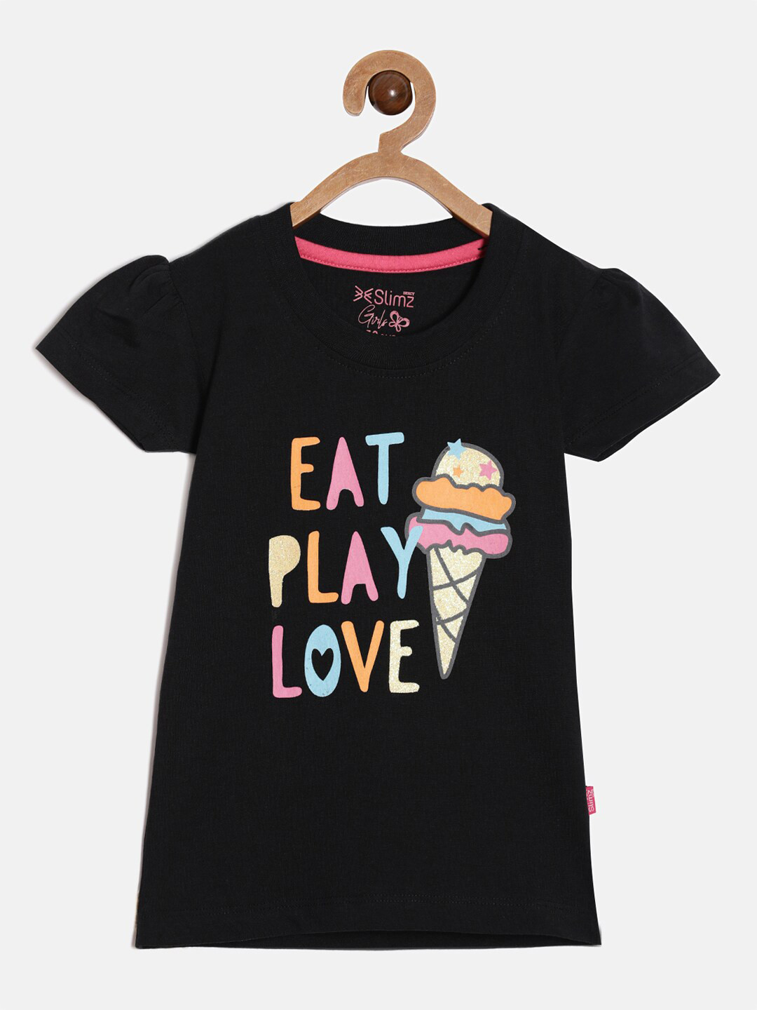 

DIXCY SCOTT Slimz Girls Typography Printed Puff Sleeves Cotton Top, Black