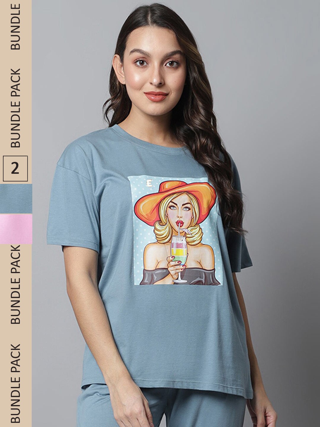 

Kanvin Blue & pink Pack Of 2 Printed Drop Shoulder Sleeves Oversized T-shirts