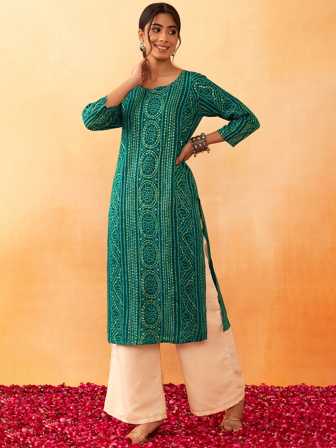 

Rang by Indya Bandhani Printed Thread Work Kurta, Green