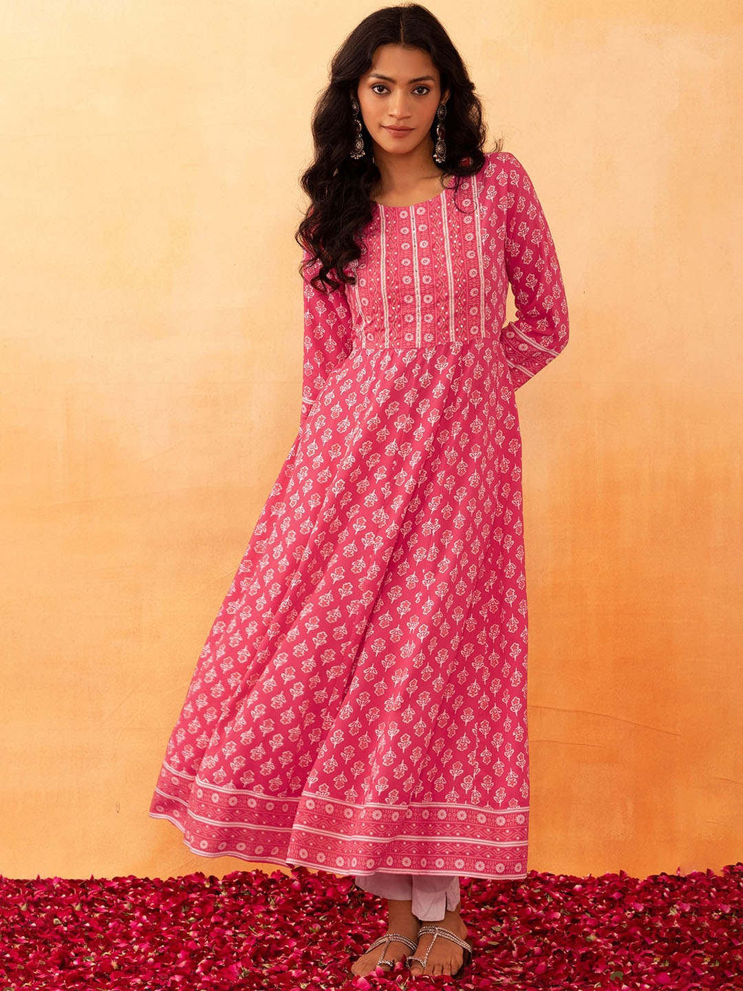 

Rang by Indya Floral Printed Embroidered Anarkali Kurta, Pink