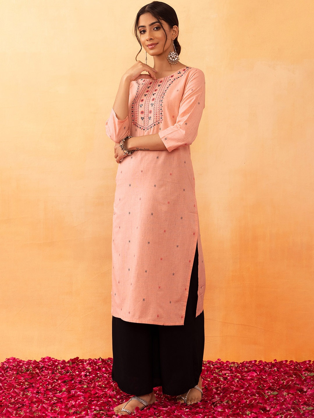 

Rang by Indya Ethnic Motifs Yoke Design Thread Work Pure Cotton Kurta, Peach