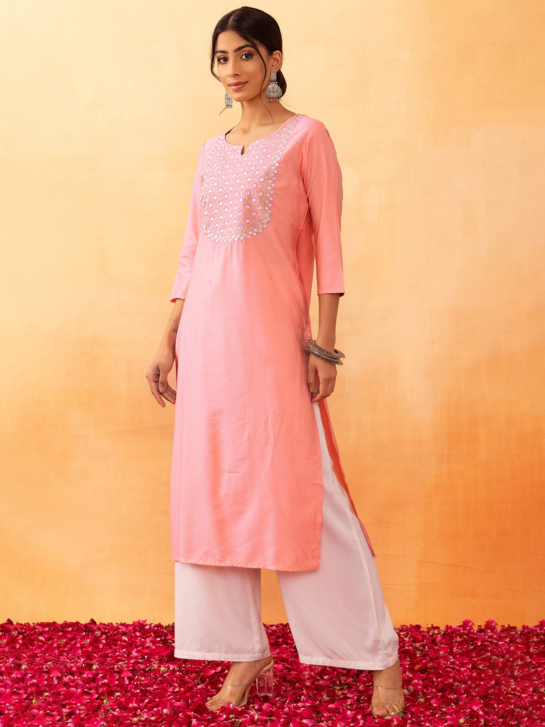 

Rang by Indya Floral Yoke Design Mirror Work Kurta, Peach