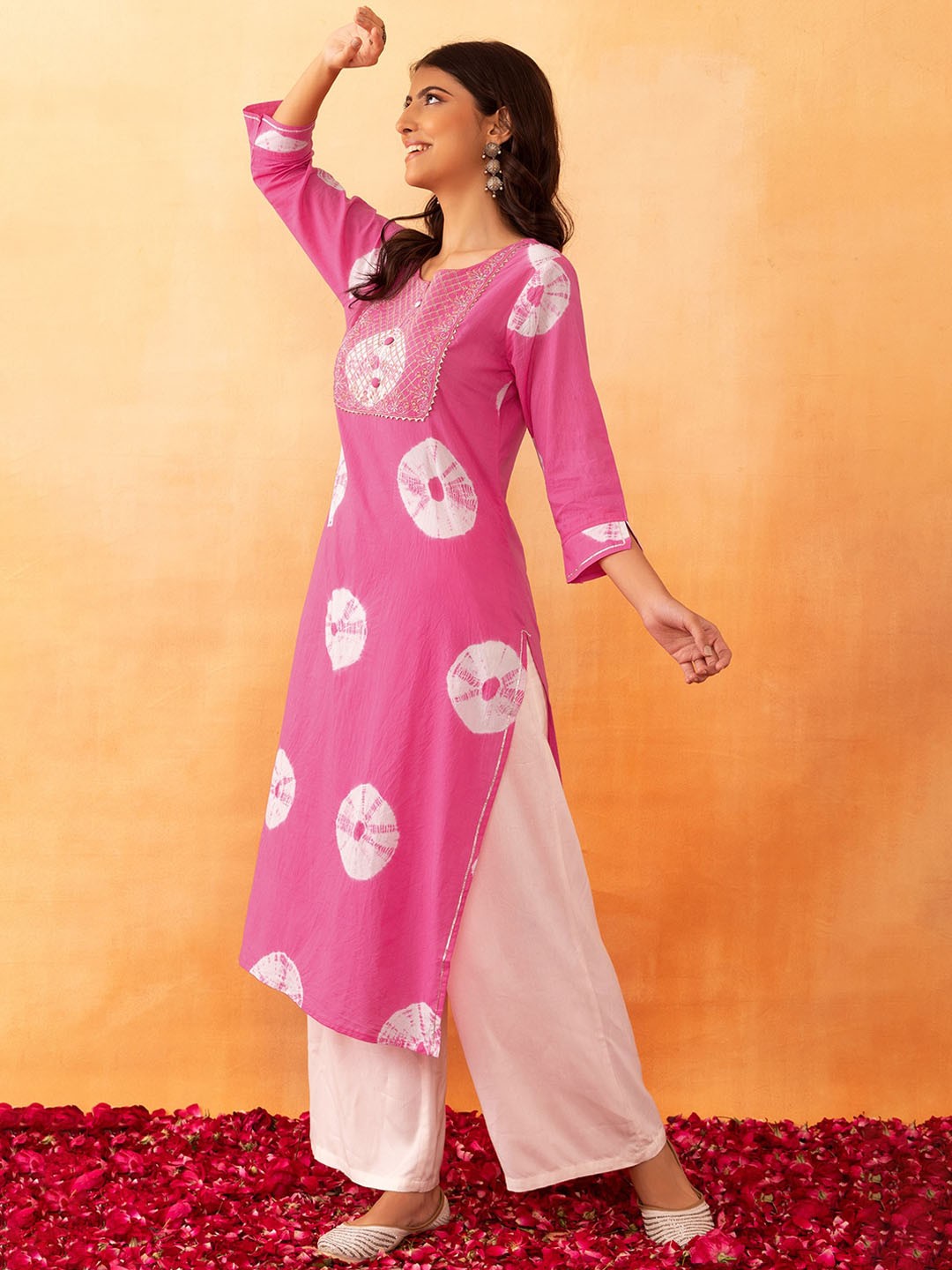 

Rang by Indya Bandhani Printed Thread Work Pure Cotton Kurta, Pink