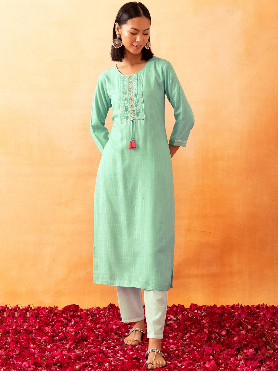 

Rang by Indya Striped Sequinned Cotton Kurta, Green