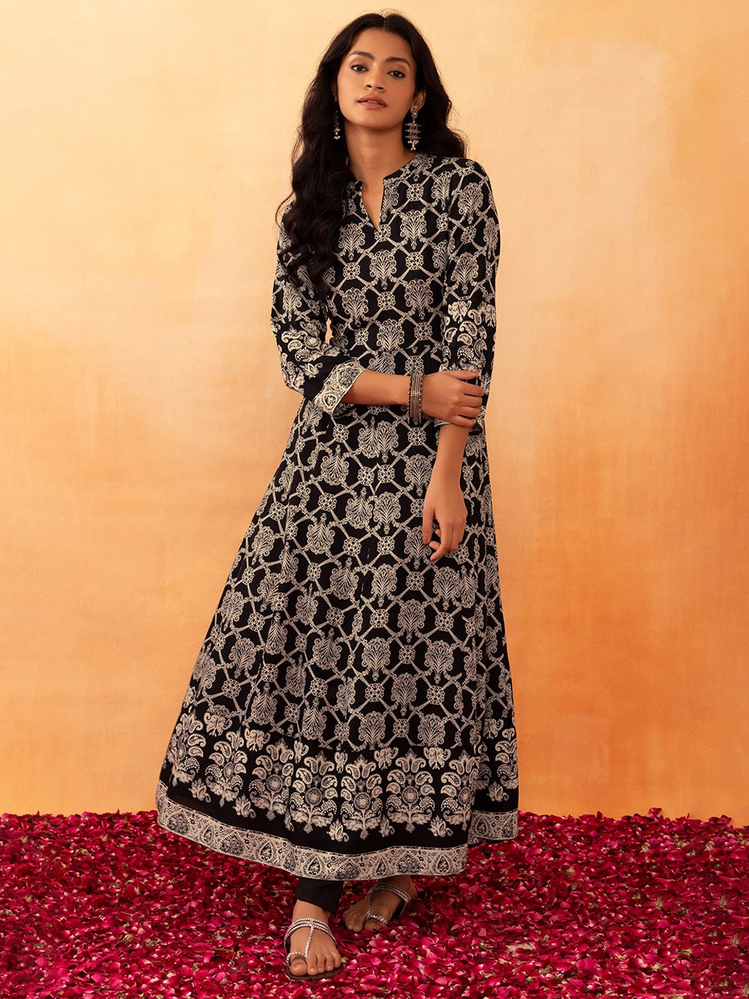 

Rang by Indya Mandarin Collar Ethnic Motifs Printed Mirror Work Anarkali Kurta, Black