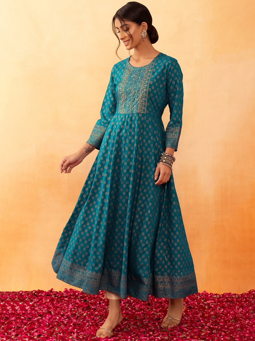 

Rang by Indya Floral Foil Printed Mirror Work Anarkali Kurta, Teal