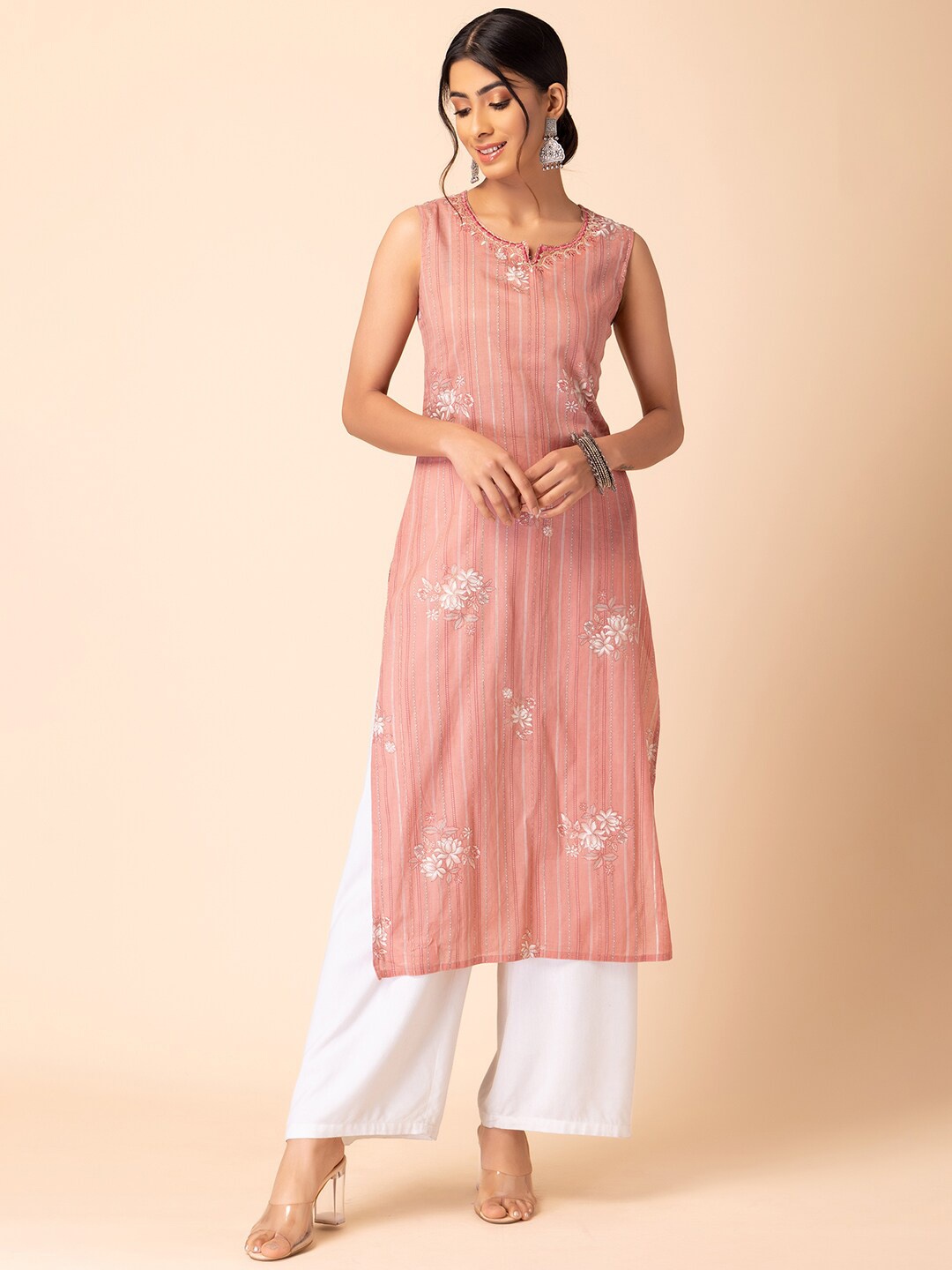 

Rang by Indya Floral Printed & Embroidered Cotton Kurta, Pink