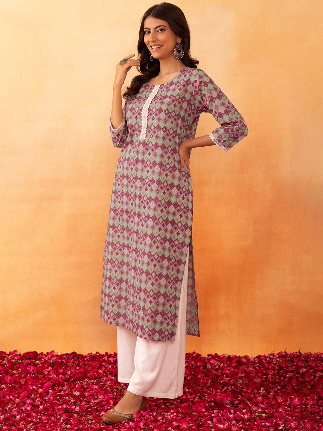 

Rang by Indya Geometric Printed Mirror Work Pure Cotton Kurta, Pink