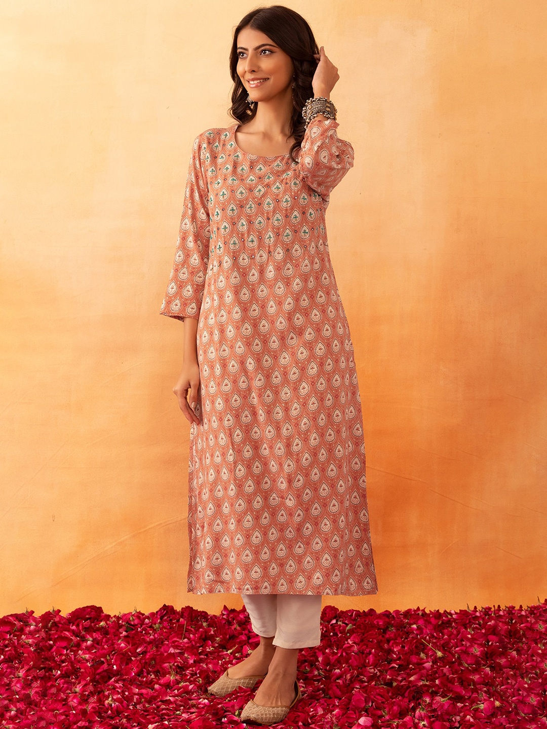 

Rang by Indya Ethnic Motifs Printed Thread Work Pure Cotton Kurta, Peach