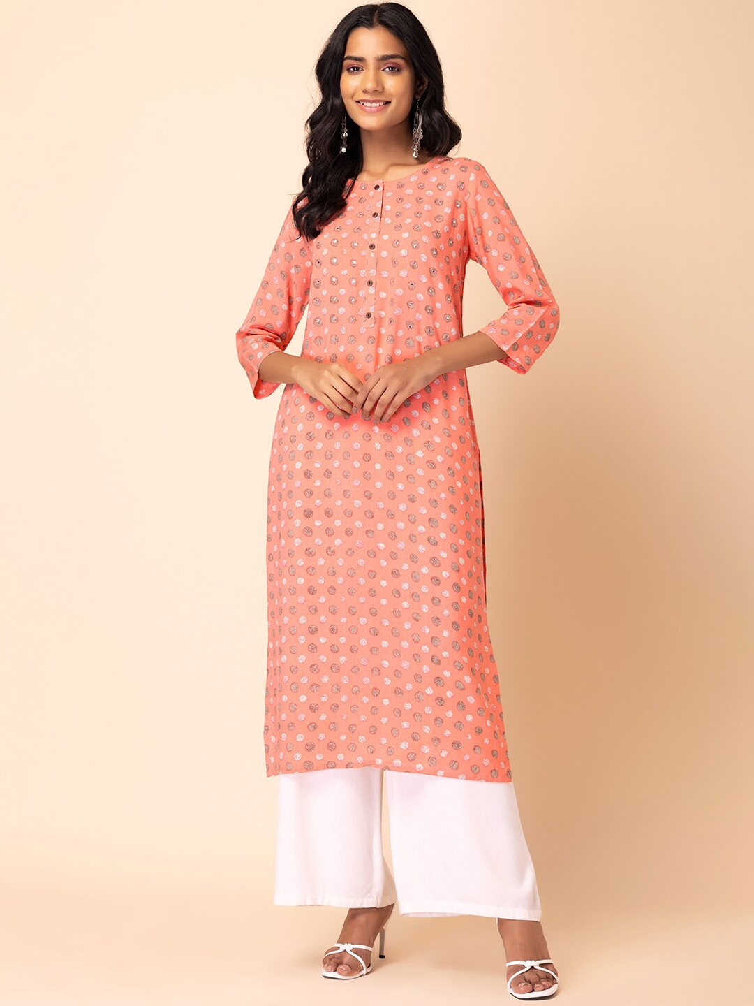 

Rang by Indya Abstract Printed Mirror Work Straight Kurta, Peach
