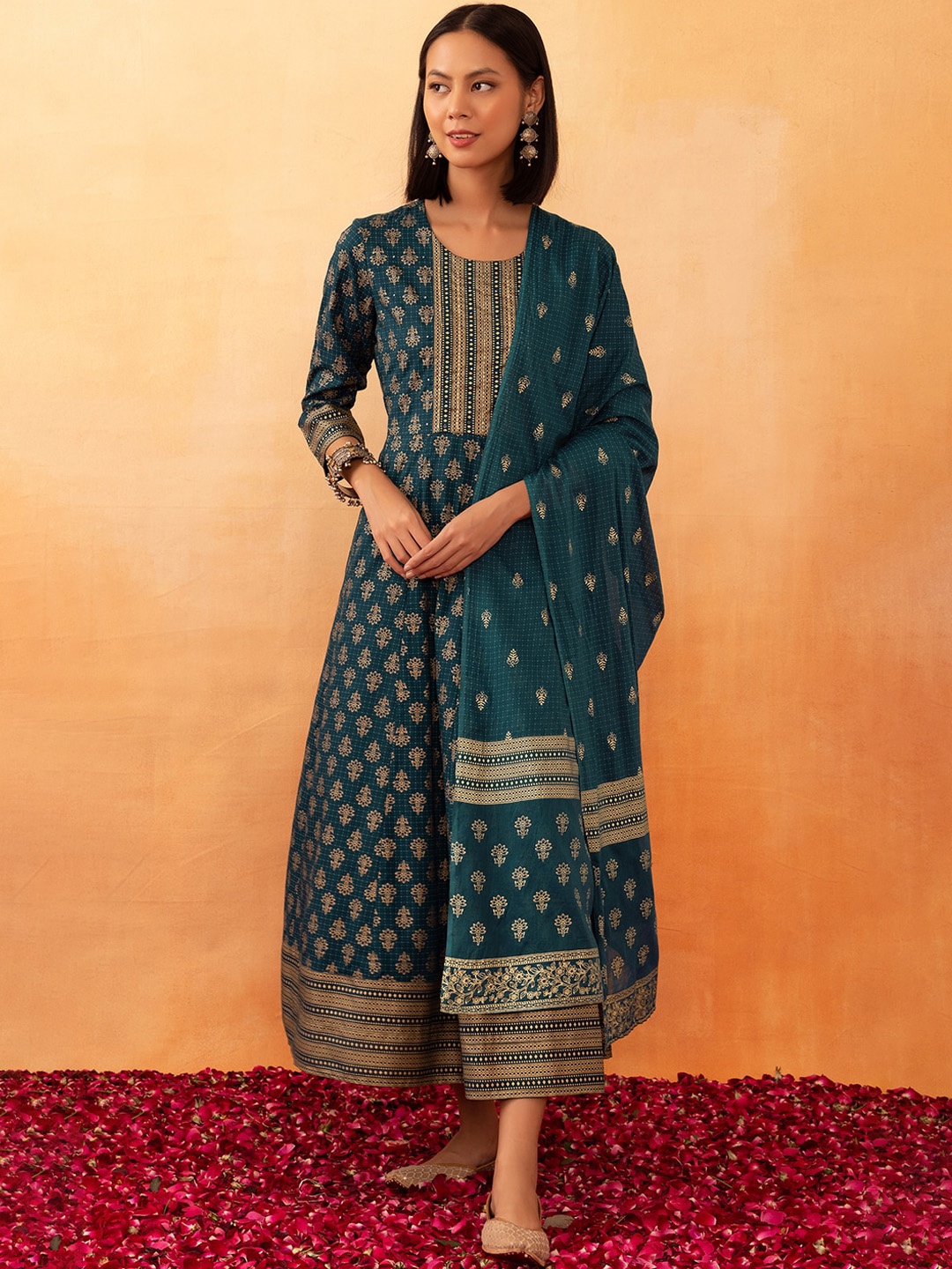 

Rang by Indya Floral Printed Anarkali Kurta & Dupatta, Blue