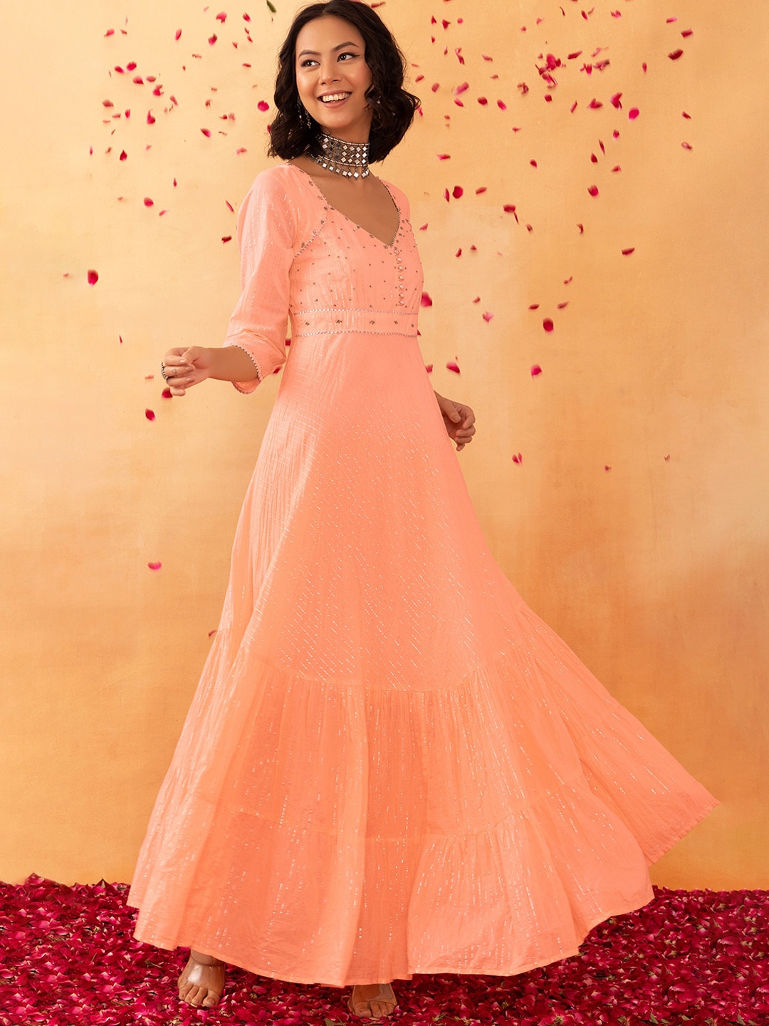 

Rang by Indya Striped Sequined Beads & Stones Pure Cotton Fit & Flare Ethnic Dress, Peach