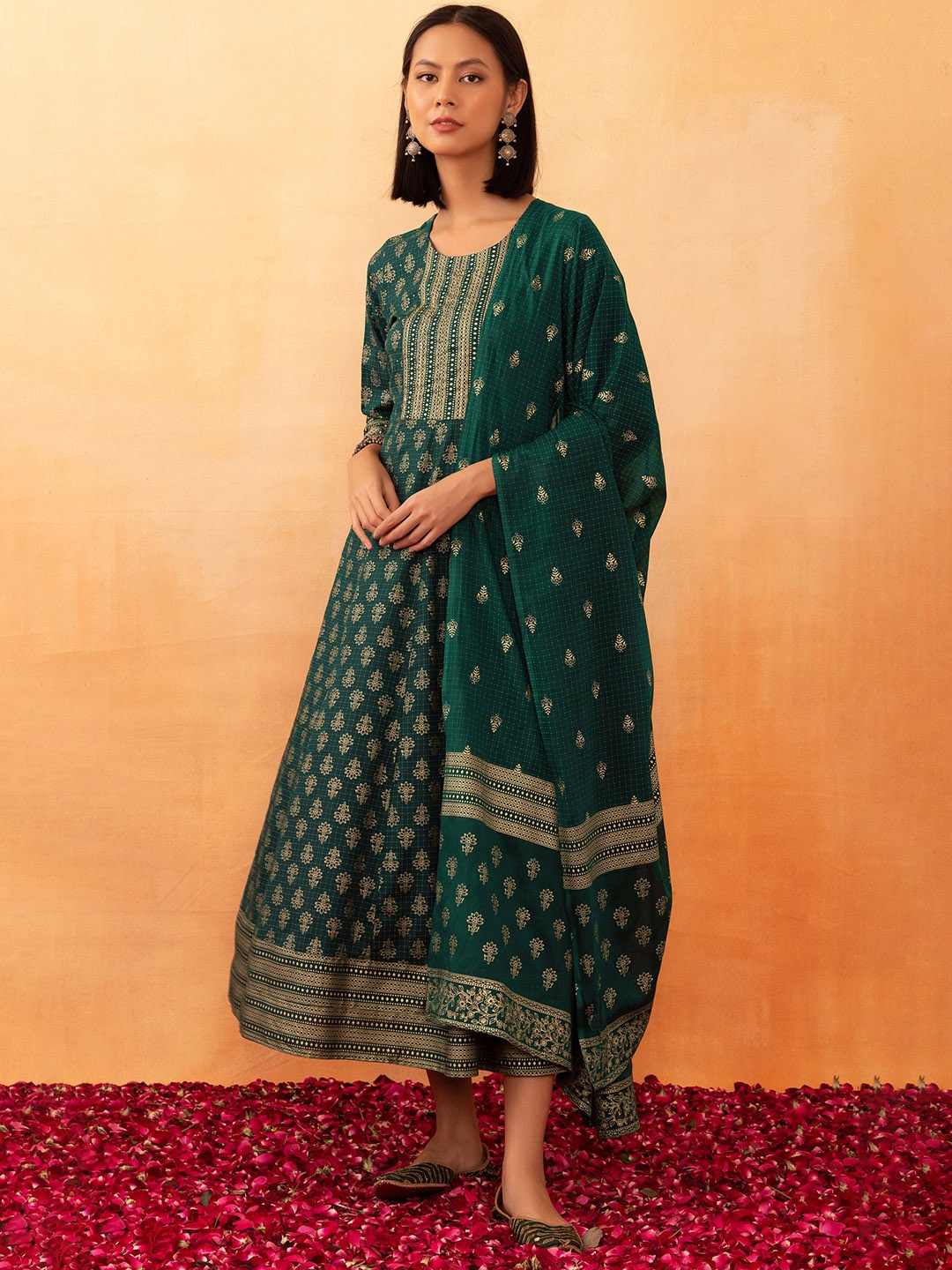 

Rang by Indya Floral Printed Anarkali Kurta & Dupatta, Green