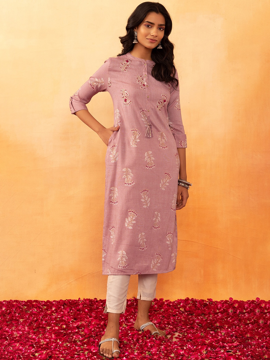 

Rang by Indya Floral Foil Printed Kurta, Pink