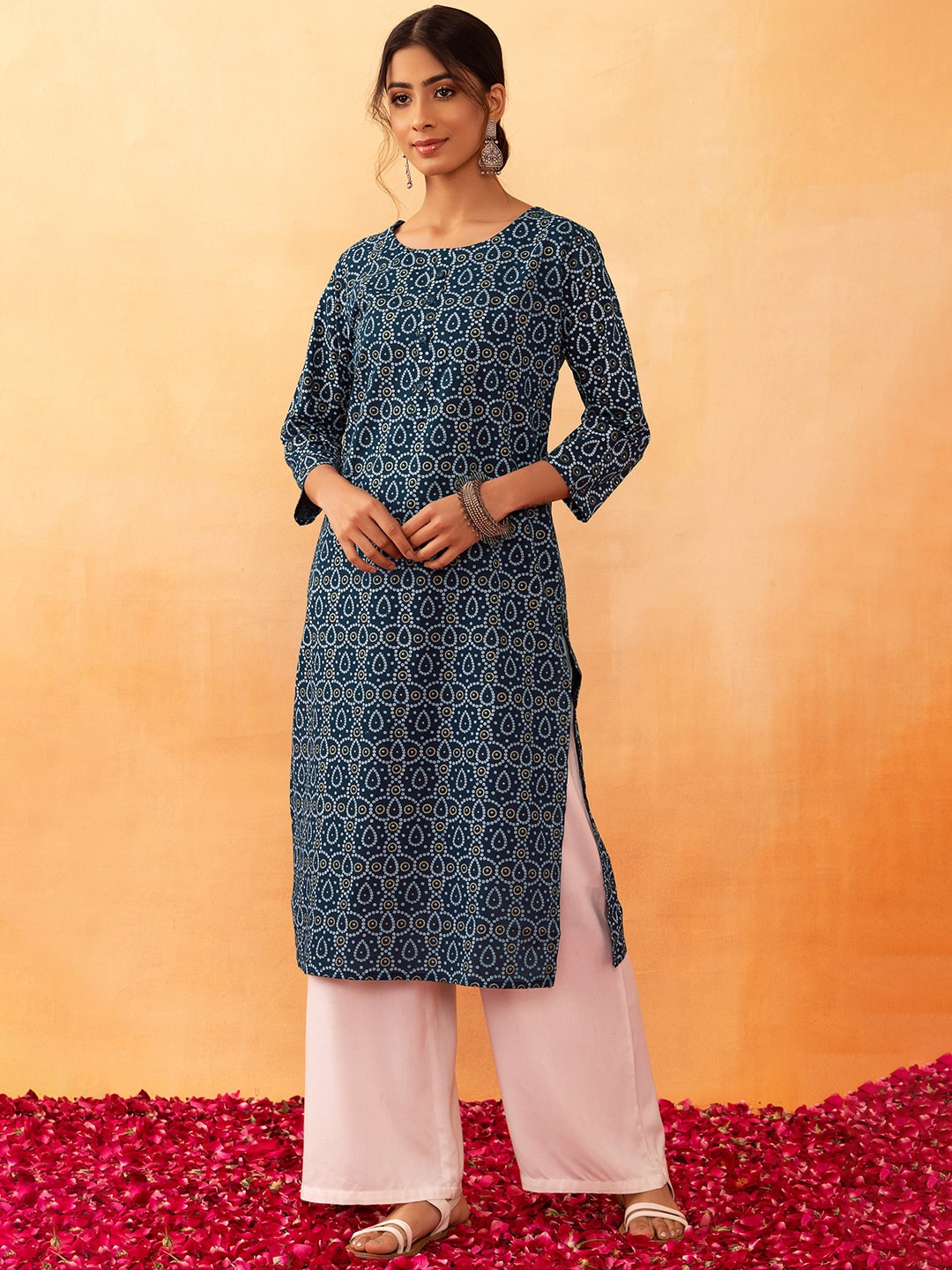 

Rang by Indya Bandhani Printed Pure Cotton Kurta, Navy blue
