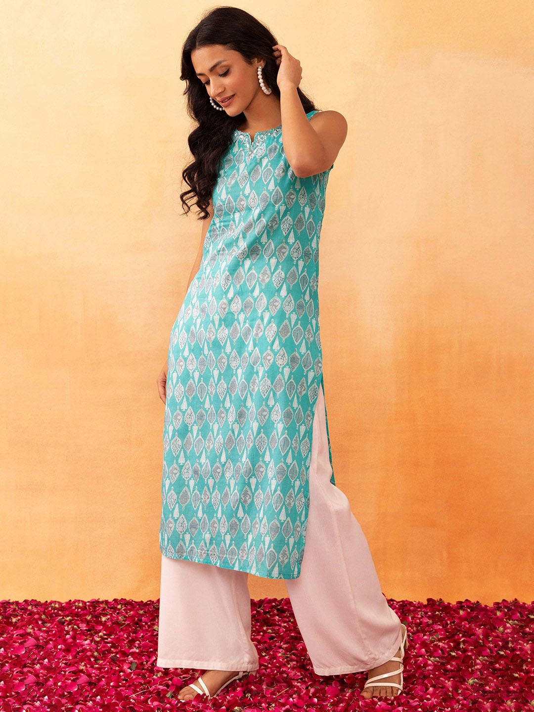 

Rang by Indya Ethnic Motifs Printed Pure Cotton Kurta, Blue