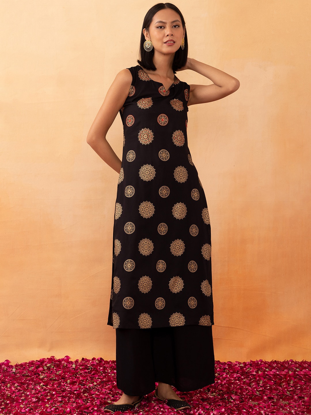 

Rang by Indya Ethnic Motifs Printed Thread Work Pure Cotton Kurta, Black