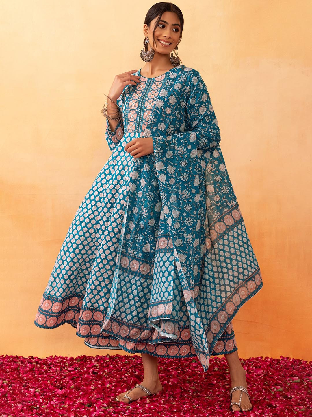 

Rang by Indya Floral Printed Mirror Work Anarkali Kurta & Dupatta, Blue