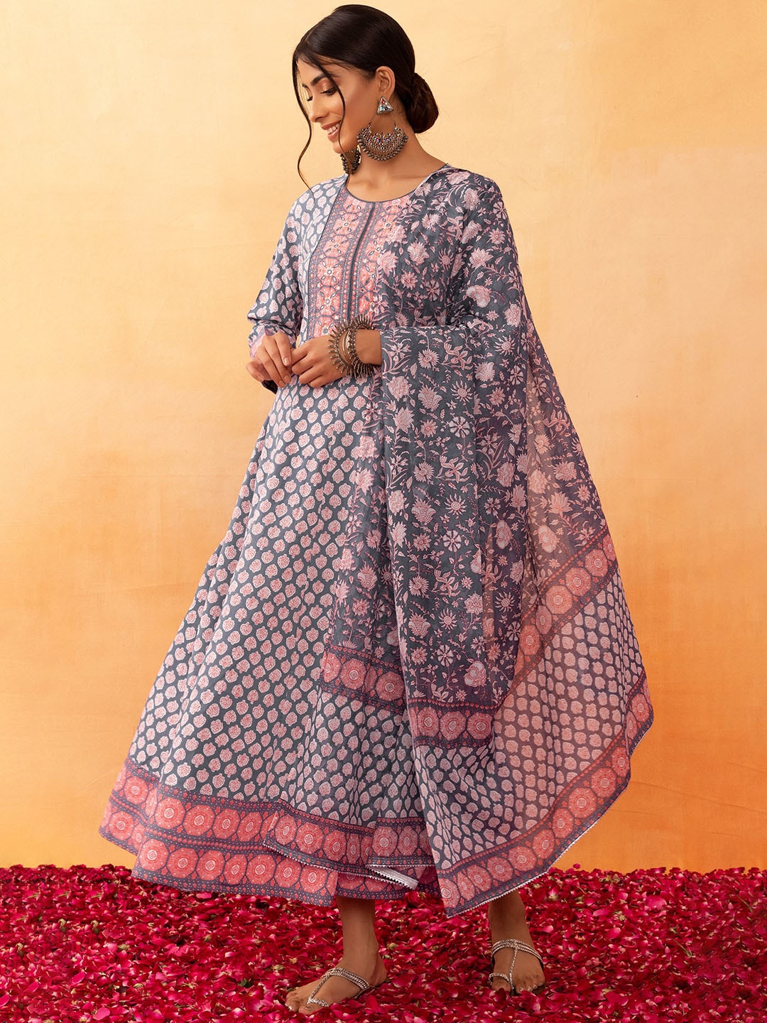 

Rang by Indya Floral Printed Mirror Work Anarkali Kurta & Dupatta, Grey