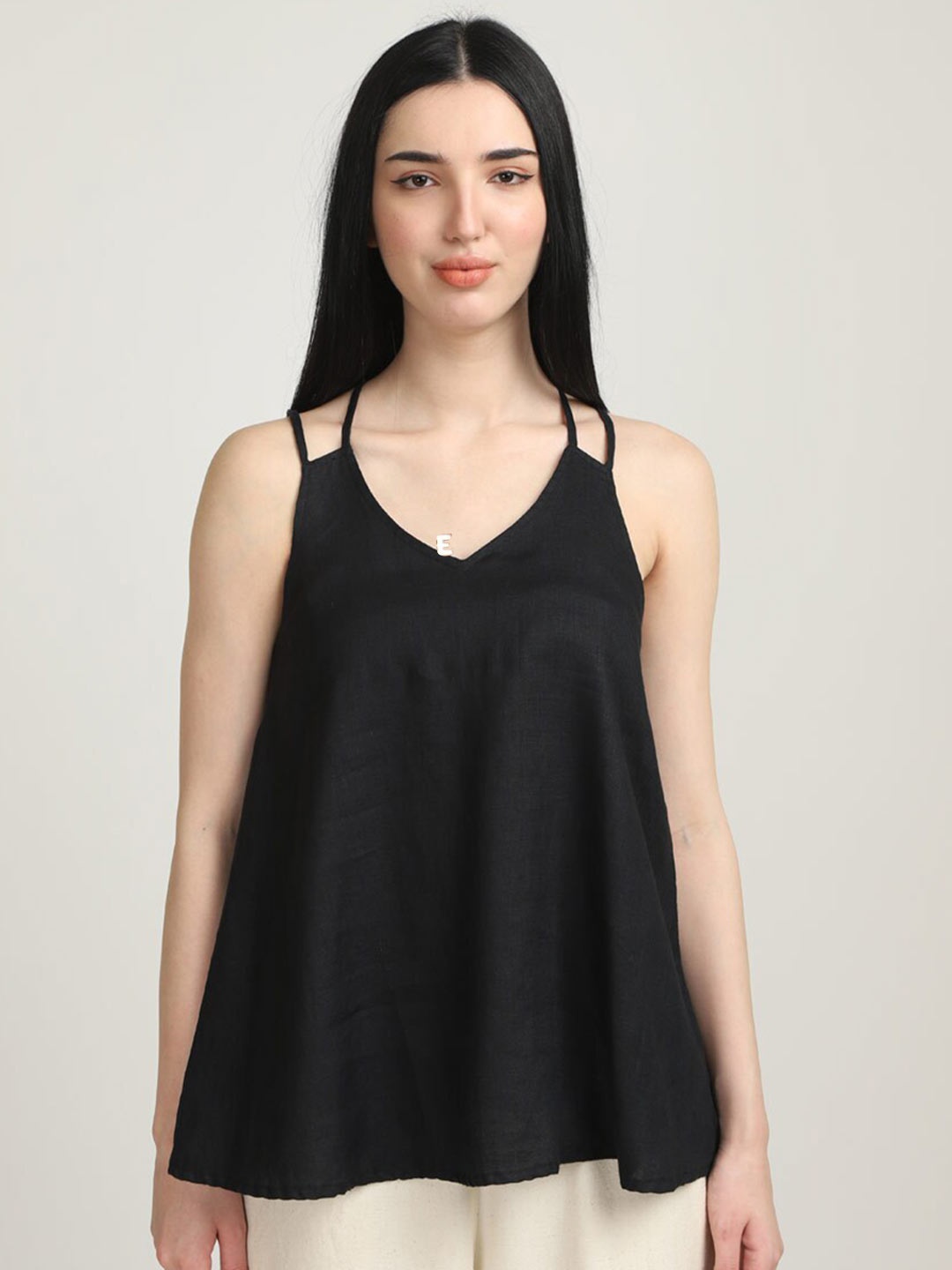 

Proyog Sleeveless Pure Linen A-Line Top, Black