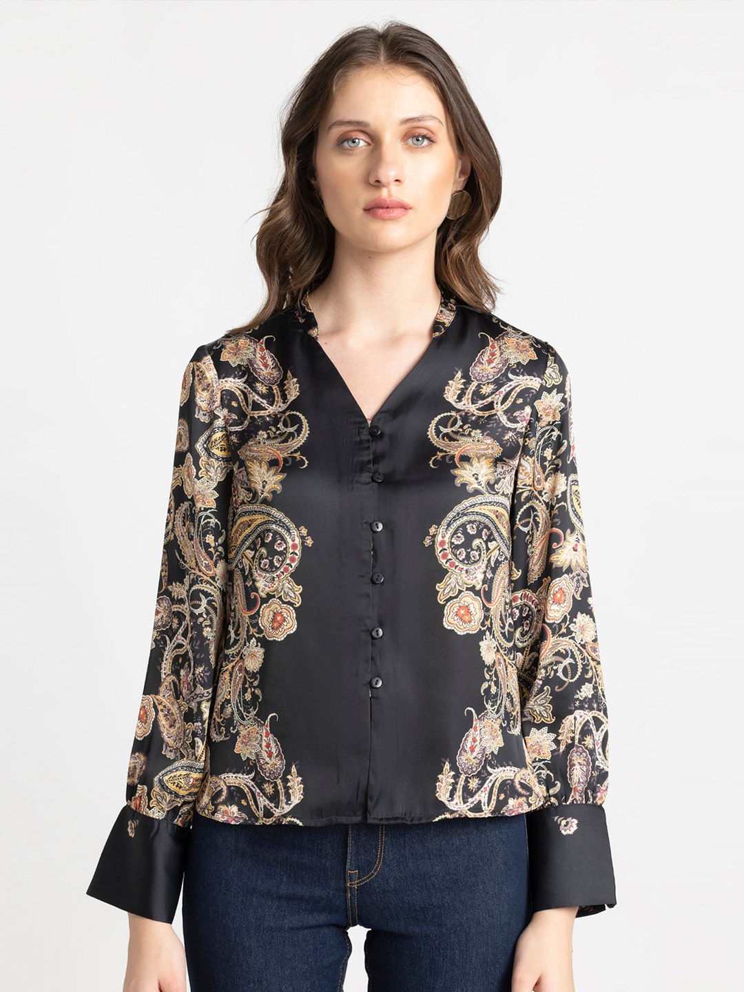 

SHAYE Ethnic Motifs Printed Mandarin Collar Shirt Style Top, Black