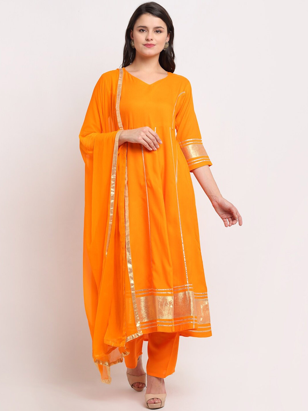 

The Mini NEEDLE V-Neck Gotta Patti Anarakali Kurta with Trousers & Dupatta, Orange